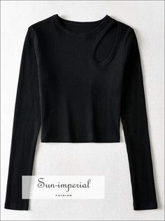 Women Solid Black Long Sleeve Ribbed Crop top with Cut out detail Cropped T-shirt basic style Black Ribbed Long Sleeve T-shirt, Trendy Ribbed Black Top, Imperial Fashion, Jersey Pattern, Ribbed Crop Top, Cropped T Shirt, Pink Long Sleeve, How To Measure, Solid Clothes