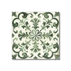 a green and white tile design with swirls on the bottom, in an ornate pattern