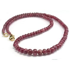 Ruby Necklace w/Gold Filled Trigger Clasp Approx. 19" long Bead Size : Graduating from 3mm x 2mm to 6mm x 5mm Handcrafted at Beads of Paradise NYC Ruby is a pink to blood-red colored gemstone, a variety of the mineral Corundum. The red color is caused mainly by the presence of the element chromium. Its name comes from ruber, which is Latin for red. Other varieties of gem-quality corundum are called Sapphires. The ruby is considered one of the four Precious Stones; the Sapphire, the Emerald, the Single Strand Ruby Bead Necklace, Ruby Single Strand Beaded Necklaces With Round Beads, Single Strand Rondelle Ruby Necklace, Single Strand Ruby Beaded Necklaces With Round Beads, Single Strand Ruby Beaded Necklace With Round Beads, Ruby Rondelle Necklace With Polished Beads, Ruby Necklace, Blood Red, Gemstone Colors