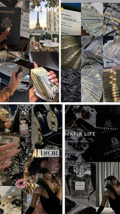 the collage shows many different images of women and money