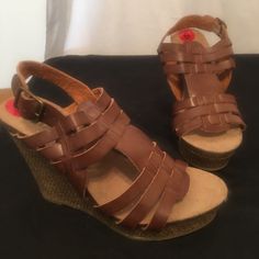 Mia Wedge Sandal Women’s Size 6m Brown Leather Strappy Nwob. Actual Color Is: Sangria. Heel Height: 4 1/4”, Platform: 1 1/4”. Shipped From A Smoke Free Home. Leather Wedge Sandals With Ankle Strap For Vacation, Casual Wedge Sandals With Heel Loop, Casual Leather Wedge Sandals For Beach, Casual Wedge Sandals With Stacked High Heel, Leather Round Toe Wedge Sandals For Beach, Summer Leather Wedge Sandals With High Heel, Casual Synthetic Wedge Sandals With Stacked Heel, Summer Leather High Heel Wedge Sandals, Leather Wedge Sandals For Beach