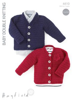 two knitted sweaters with buttons on the front and back, both in red and blue