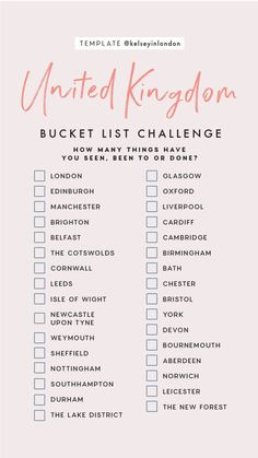 the united kingdom bucket list is shown with pink and blue lettering on it, which reads'bucket list challenge '