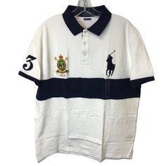 Ralph Lauren Men's Custom Slim Fit Striped Crest Polo (Size Xl) 100% Cotton Machine Wash Color: White/Navy Short Sleeve Embroidered New W/ Tags Features: Polo Shirt Size: Mens Xl Condition: New With Tags New W/ Tags Classic White Ralph Lauren Shirt, White Cotton Ralph Lauren Top, White Ralph Lauren Polo Collar Shirt, Ralph Lauren Short Sleeve Polo Shirt, Ralph Lauren Fitted White T-shirt, Classic White Ralph Lauren Polo Shirt, White Fitted Ralph Lauren T-shirt, Fitted White Ralph Lauren T-shirt, Fitted White Ralph Lauren Top