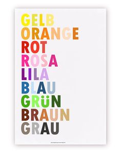 a white poster with the words gelb orange rota rosa lila, blauu braun braun braun braun grau