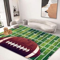 a football rug with a dog sitting on it