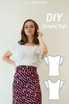 DIY sewing tutorial and pattern. Womens silk top, tank top, ruffle sleeve top, peplum top. Smart casual top. Illustrated sewing tutorial. PDF sewing pattern available. Instant download. Easy sewing tutorial. Beginner sewing pattterns.