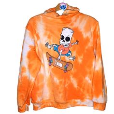 Women's Orange Tye Dye The Simpsons Skeleton Skateboarding Bart Simpsons Hoodie New With Tags Size: Xxl Bart Simpson Hoodie, The Simpson, Tie Dye Hoodie, Womens Tie, The Simpsons, Orange White, Skateboarding, Bart Simpson, Hoodie Sweatshirt