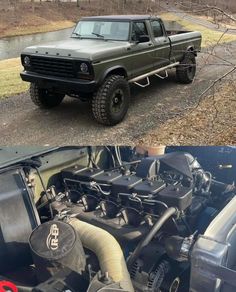 two pictures of the same truck with its hood up and engine in it's bed