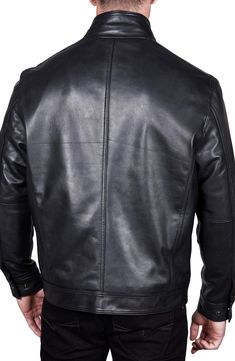 A wool-blend dickey ensures warmth and comfort in a zip-up jacket crafted from buttery-soft leather that adds a cool aesthetic to your daily ensemble. 26" length Front zip closure Wool blend lining Leather Professional leather clean Imported Model stats: 6'1" height, 32" waist. Cool Aesthetic, Leather Cleaning, Hem Style, Band Collar, Jacket Sale, Lambskin Leather, Zip Up, Mens Suits, Soft Leather