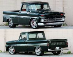 two pictures of an old pickup truck with chrome wheels and rims, side by side