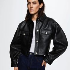 Faux Leather, Short Design, Shirt-Style Collar, Long Sleeve, Press Stud Fastening On The Front, Two-Buttoned Flap Chest Pockets, Inner Lining New With Tags, Never Worn. Price Firm, Thanks! Product Page: Https://Shop.Mango.Com/Us/En/P/Women/Jackets/Short-Leather-Effect-Jacket_37013702 Fall Workwear Collared Biker Jacket, Winter Workwear Faux Leather Cropped Jacket, Winter Work Faux Leather Cropped Jacket, Winter Workwear Cropped Faux Leather Jacket, Black Leather Cropped Jacket For Fall, Edgy Collared Fall Outerwear, Edgy Collared Outerwear For Fall, Edgy Cropped Jacket For Work In Fall, Fall Leather Long Sleeve Cropped Jacket