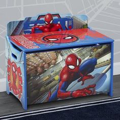 a toy chest with a spiderman design on it