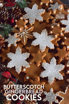 christmas cookies are arranged on a platter with pine cones