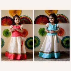 Indian traditional Baby Girl Lehenga Choli, Kids Dress, Indian Kids Dress, Lehenga Choli for Kids Girls, Party Wear, Chaniya Choli, Ethnic Wear, Ghagra Choli made in Traditional chanderi cotton with sequince embellished fabric in the top with contrast chanderi cotton with sequince embllished fabric border which is divided beautiful floral pattern gold designer lace in skirt and sleeves, it is a crop top skirt Handcrafted ready-made dress/ gown for girl kids suitable for any occasions like Wedding, birthday gifts, and even for bridesmaid. It is multipurpose crop top skirt set which can also be used as party wear, Casual and Traditional occasions, Festive wear etc. this Comfortable and Cute Looking Kids Girl's Lehenga Choli comes in 2 color variants Half white with auqa blue and Half white w Pattu Pavadai, Kids Dress Collection, Kids Blouse Designs, Girl Kid, Kids Blouse, Kids Lehenga, Kids Frocks Design, Designer Baby Clothes, Kids Dress Wear