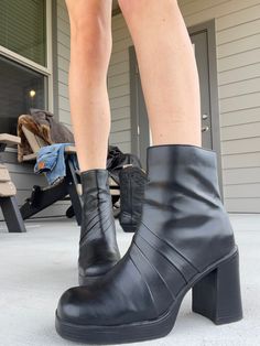 Vintage 90's platform boots  From no boundaries brand  Size 9 fits like a 8.5    authentic wear and tear but overall in great condition  super trendy and look awesome with vintage jeans Zippers on both insides Zipper pull missing on one but zips just fine ☺️ Man made materials Grunge High Heel Moto Boots For Fall, Grunge Platform Boots For Fall Streetwear, Fall Grunge Platform Boots For Streetwear, Fall Grunge High Heel Moto Boots, Fall Streetwear Grunge Platform Boots, High Cut Faux Leather Heeled Boots For Fall, Fall Grunge Streetwear Platform Boots, Fall High Cut Faux Leather Heeled Boots, Fall High-cut Faux Leather Heeled Boots