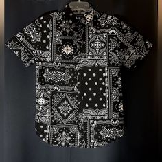 New Without Tags. Never Worn. Black Floral Print Shirt For Summer, Black Short Sleeve Tops With Paisley Print, Black Short Sleeve Top With Paisley Print, Black Cotton Tops With Paisley Print, Black Cotton Top With Paisley Print, Casual White Shirt With Paisley Print, Fitted Black Shirt For Summer, Fitted Black Summer Shirt, Summer Black Fitted Shirt