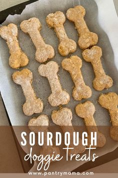 dog treats on a baking sheet with the words sourdough doggie treats above them