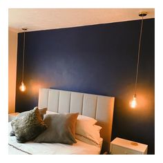 a bedroom with blue walls and white bedding, two lights hanging from the ceiling