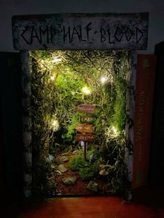 an open door with moss growing all over it and street signs in the doorway that read sami naf blood