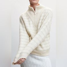 Mango Striped Sweater With Zipper Nwt White Half-zip Outerwear With Zipper Closure, White Half-zip Sweater, White Zipper Sweater For Spring, White Zipper Closure Sweater For Spring, Spring Half-zip Sweater, Beige Half-zip Sweater For Winter, Beige Half-zip Winter Sweater, Winter Beige Half-zip Sweater, White Half-zip Sweater With Zipper Closure