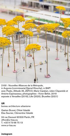 an advertisement with yellow flowers in the shape of trees and people standing around them on a white surface