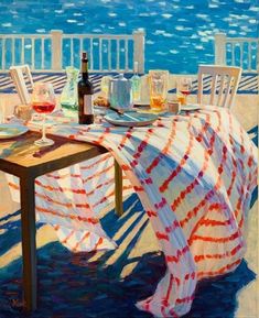 a painting of a table and chairs on the beach