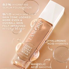 WHAT IT IS: A 24-hour healthy glow hydrating foundation with buildable medium coverage with SPF 27, to hydrate and smooth skin for a natural glowing finish. WHAT IT DOES: Our 82% hydrating serum base formula with buildable medium coverage delivers a healthy glowing finish – an excellent option for a glowy makeup look, natural-looking foundation or a no-makeup makeup look, and sweat-resistant summer makeup. This skincare-infused hydrating foundation is powered by Hyaluronic Acid and smoothing Man Lancome Foundation, Lancome Teint Idole Ultra Wear, Airbrush Foundation, Serum Foundation, Foundation Shade, Glow Serum, Mandelic Acid, Lancome Makeup, Glow Foundation