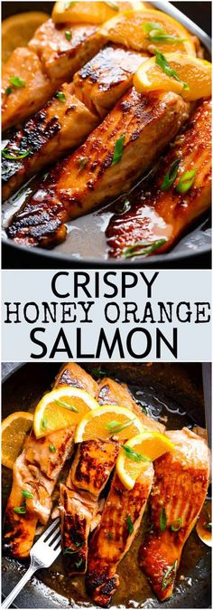 crispy honey orange salmon on a pan with lemon wedges