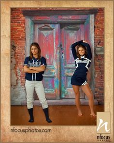 two girls posing in front of an old door