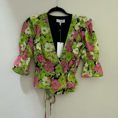 Wayf Women Waist Tie Wrap Floral Print Blouses New With Tags Size:Xs Spring V-neck Pink Blouse, Pink V-neck Blouse For Spring, Pink Fitted Blouse With Floral Print, Pink Floral Print Blouse For Party, Pink Blouse For Spring Party, Pink Fitted Blouse For Day Out, Pink Short Sleeve Blouse For Brunch, Black Chiffon Blouse, Lace Up Tank Top