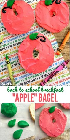 an apple bagel with pink frosting and green sprinkles on it