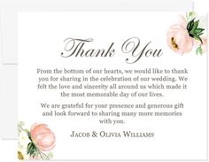 a wedding thank card with pink flowers and greenery on the front, in white