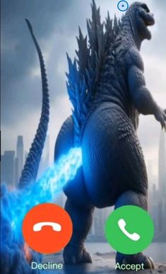 an image of a godzilla on the phone with two call meme screens next to it