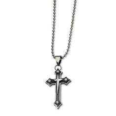 Stainless Steel Black IP-plated Cross with CZ Pendant Necklace Spiritual Stainless Steel Jewelry With Oxidized Finish, Spiritual Cross Jewelry In Metal, Oxidized Metal Cross Pendant Jewelry, Black Symbolic Cross Pendant Jewelry, Symbolic Black Cross Pendant Jewelry, Gothic Stainless Steel Cross Pendant Jewelry, Gunmetal Cross Metal Jewelry, Symbolic Stainless Steel Cross Jewelry, Oxidized Stainless Steel Cross Jewelry