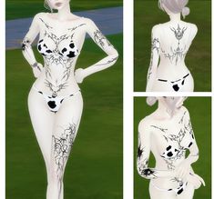 four different views of a woman with tattoos on her body and hands behind her back