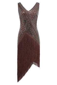 The intricate beadwork creates a mesmerizing pattern across the bodice, with artfully placed sequins that shimmer like stars in a midnight sky. This geometric design captures the bold spirit of the Jazz Age, while the cascading fringe along the hemline adds dynamic energy to your every move, evoking the carefree and exuberant vibes of a 1920s speakeasy. Features: Intricate geometric beadwork Elegant V-neckline Asymmetrical fringe hemline Figure-flattering silhouette Handcrafted sequin embellishm Brown Sequined Dress For Party, Fitted Embellished Flapper Dress For Festive Occasions, Festive Fitted Embellished Flapper Dress, Festive Embellished Fitted Flapper Dress, Brown Sequined Dress For Night Out, Fitted Brown Dress For Festive Occasions, Fitted Sequin Dress With Beaded Fringe, Fitted Evening Dress With Beaded Fringe, Fitted Sequin Evening Dress With Beaded Fringe