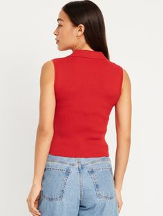 spread v-neck sleeveless fitted hits at waist models are approx.  5'9" and wear sizes s (4), l (12), and xl (18)machine wash according to the care instruction label Collar Vest, Polo Sweater, Knit Crop, Women's Vest, Navy Color, Red Sweaters, Womens Vest, Rib Knit, Ribbed Knit