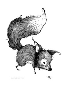 an ink drawing of two small animals with their tails curled up in the shape of a tail