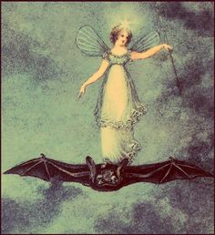 a painting of a woman flying on top of a bat with an angel above her head