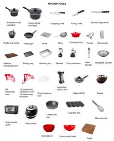 an image of kitchen tools and cooking utensils on a white background with the words kitchen tools written below it