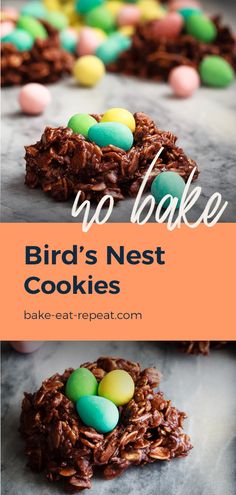 birds nest cookies with chocolate and candy eggs on top