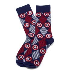 Dress like a champion with this pair of Captain America socks. Featuring the iconic shield logo on a background of patriotic red, white, and blue argyle diamonds, we're fairly certain this is what Steve Rodgers wears under his boots. Officially licensed by Marvel. Captain America And Iron Man, Argyle Dress, Marvel Young Avengers, Navy Bedding, Earth's Mightiest Heroes, Marvel Gifts, First Avenger, Argyle Socks, Stripe Socks