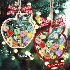 an ornament hanging from a christmas tree with the words shake me on it