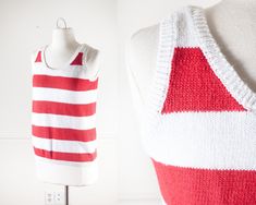 "Vintage 80s red and white striped sleeveless sweater. Slightly slouchy fit. A couple of minor flaws in the knit, but otherwise in great shape! Marked a size M; estimated modern size S to M. See measurements below measurements + details :: (some give in measurements due to the stretch of the knit) Bust: 35\" Waist/Hip: 35\" Length: 23\" Tag: Tarazzia. Size M. Made in Hong Kong. Ramie/Cotton. Clipped to mannequin: No. SHOP INFO :: shop - https://www.etsy.com/shop/bluehorizonvintage shop policies Striped Cotton Sweater Vest For Summer, White Fitted Retro Sweater Vest, 80s Jumper, Striped Sweater Vest, Belted Shift Dress, 80s Clothing, Preppy Clothing, Novelty Sweater, Hipster Sweater