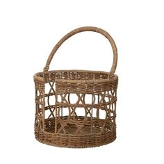 a wicker basket with handle on a white background