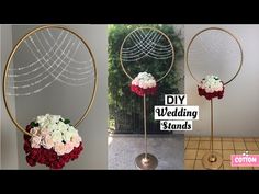 three different pictures of flowers in vases and on display with the words diy wedding stands