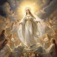 the immaculate virgin mary surrounded by angels in white robes and gold trimmings, with her arms outstretched