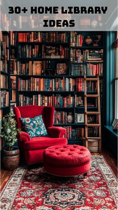 Small library with a vibrant red chair, rich dark bookshelves, and artistic d�cor. Mirrors On Bookshelves, Dark Colored Office Ideas, Home Library Wall Colors, Maximalist Library Room, Cozy Office Library, Traditional Library Room, Mid Century Modern Library Room, Library Room Inspiration, Eclectic Home Library