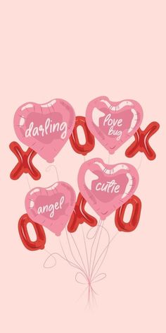 valentine's day balloons in the shape of hearts with words saying love bug and angel